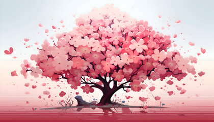 Cherry blossom tree with pink petals. Vector illustration.