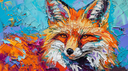 Fototapeta premium Close-up portrait of a fox in painting style. A wild animal stares piercingly at the camera. Illustration for cover, card, postcard, interior design, banner, poster, brochure or presentation.