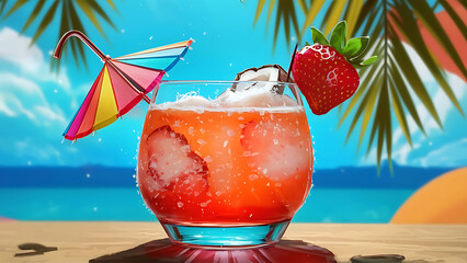 Miami vice cocktail on background with blue sea and sky tropical background - obrazy, fototapety, plakaty