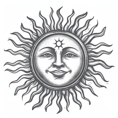 An image of the sun with a face and rays. A mystical, esoteric or occult design element. Cartoon characters in pencil drawing style. Black and white image. Illustration for cover, card, print, etc.
