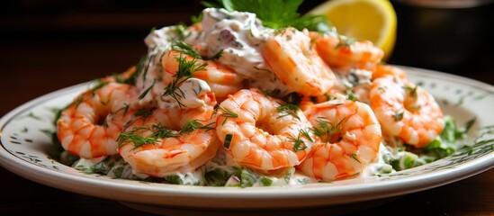 A plate of shrimp salad topped with a sweet lemon wedge, served on a table as part of a seafood dish, showcasing a delicious and refreshing cuisine recipe