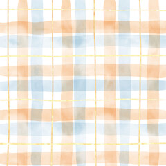 Gold Blue Orange Plaid Gingham Check Hand Drawn Background Overlay