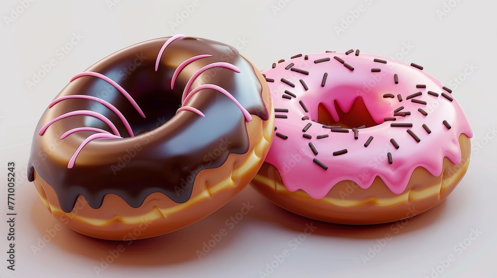 Poster food icon set with donuts with pink icing and chocolate. 3d modern realistic objects.