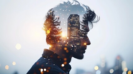 Double exposure combines the face of a man and the glowing windows of a big city at night. Panoramic view. Illustration for cover, card, postcard, interior design, poster, brochure or presentation. - obrazy, fototapety, plakaty