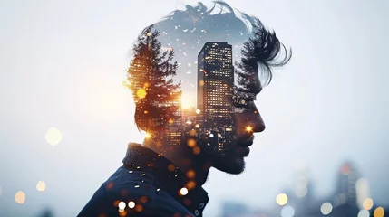 Tuinposter Double exposure combines the face of a man and the glowing windows of a big city at night. Panoramic view. Illustration for cover, card, postcard, interior design, poster, brochure or presentation. © Login