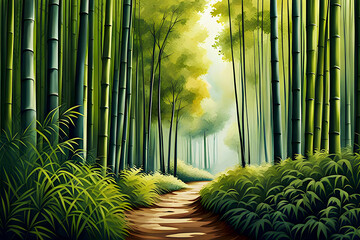 beautiful landscape painting of peaceful bamboo grove bathed in sunlight - quiet, serene, Japanese garden - path through Zen garden
