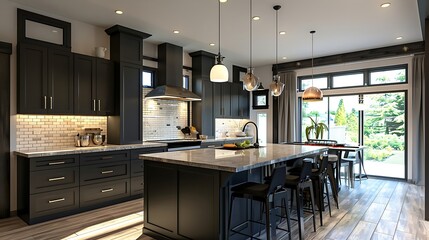 a visual representation of a modern kitchen design incorporating dark gray flat front cabinets, grey quartz countertops, and a glossy gray linear tile backsplash using AI - obrazy, fototapety, plakaty