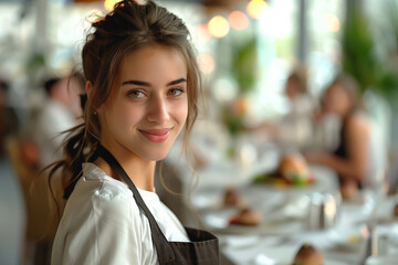 Waitress, Young woman in restaurant, indoors, casual clothing, one person, brown hair