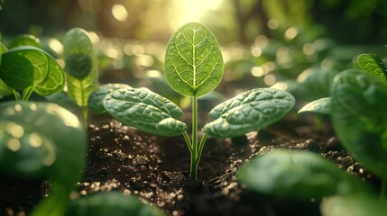 With a digital mineral nutrients icon, seedlings thrive in abundant loamy soils. Fertilization and the role of nutrients in plant life. - obrazy, fototapety, plakaty