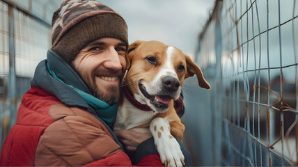 Happy man adopts a dog from an animal shelter, with an animal shelter in the background. Volunteer work at an animal shelter. - obrazy, fototapety, plakaty
