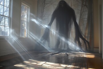 An image capturing a shadowy figure with elongated arms in a sunlit room, creating an eerie atmosphere.