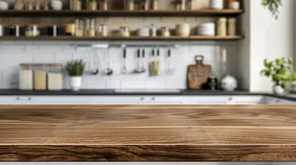 Fotobehang Wood table top on blurred kitchen background. can be used mock up for montage products display or design layout - generative ai © Nia™