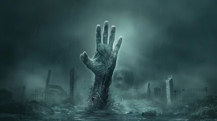 In the middle of a scary night, a zombie hand leaps out of a graveyard - obrazy, fototapety, plakaty