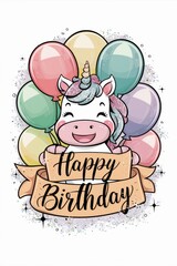 Unicorn With Balloons and Happy Birthday Banner
