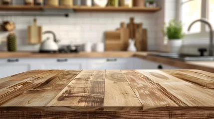 Deurstickers Wood table top on blurred kitchen background. can be used mock up for montage products display or design layout - generative ai © Nia™