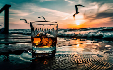 Glass of whiskey with ice on the rocks near the sea selective focus