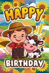 Fototapeta premium Happy Birthday Card With Farmer and Cow