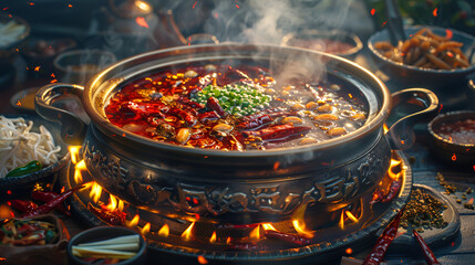 Sichuan Characteristic Spicy Hot Pot pots asian food small hot pot - obrazy, fototapety, plakaty