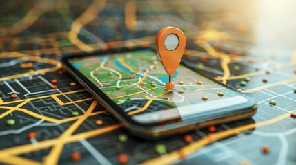 Location marker on mobile smartphone placed on a map, illustrating navigation and geocaching concept