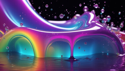 Splash of lilac viscous gel-like abstract bright glossy three-dimensional liquid with a rainbow tint, splashes, on a black background - obrazy, fototapety, plakaty