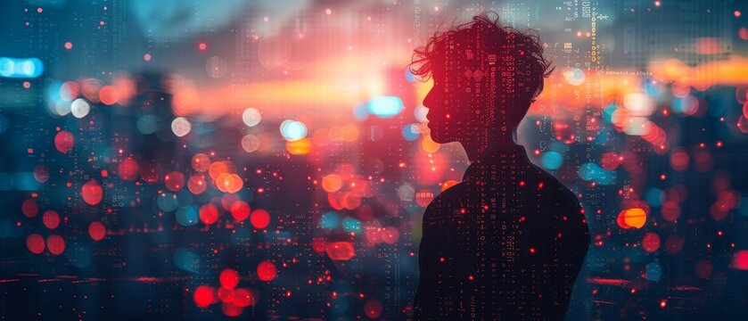 An image of a man with binary, html computer code on his screen working on the digital tablet and the smart city. Double exposure, business and technology, software development, IoT concept.