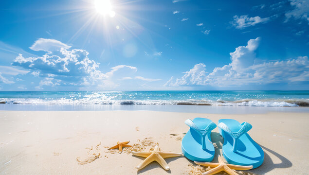 blue flip flops, sunglasses and starfish on the sand in the style of sea with blue sky background