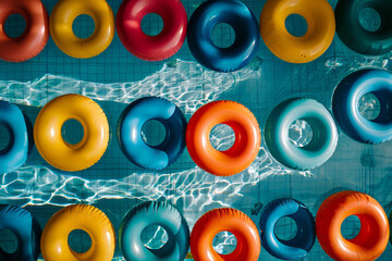 Fototapeta premium Top down view of a summer swimming pool full of inflatable pool floats