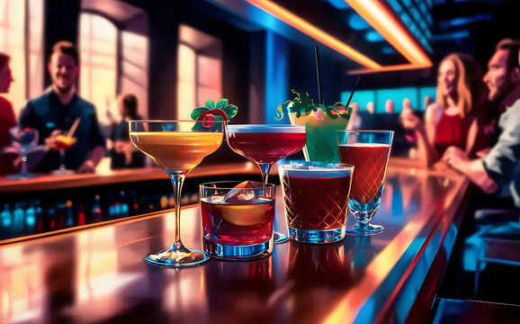 illustration assorted cocktails on bar counter