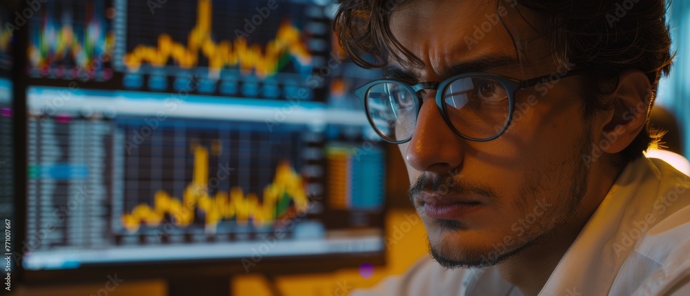Fototapete handsome manager analyzing financial reports, looking at graphs and charts on a computer screen in a