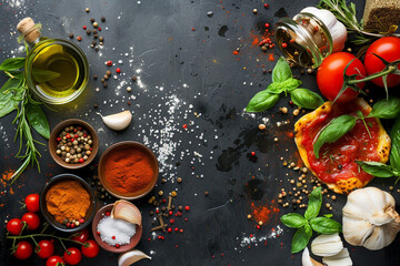 Food ingredients and spices for cooking Italian pizza on a black concrete background.