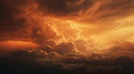 Most magnificent cloudscape stormy sky in shades of fiery yellow and orange. Areal view inside the clouds. Above the stormy sky. Cinematic epic fantasy lighting. Otherworldly mystery firmament concept - obrazy, fototapety, plakaty