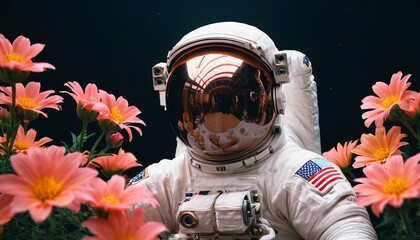 An astronaut in space among pink bright flowers on a dark background. Creative, colorful fantasy art. Concept for background, wallpaper, greeting cards, print