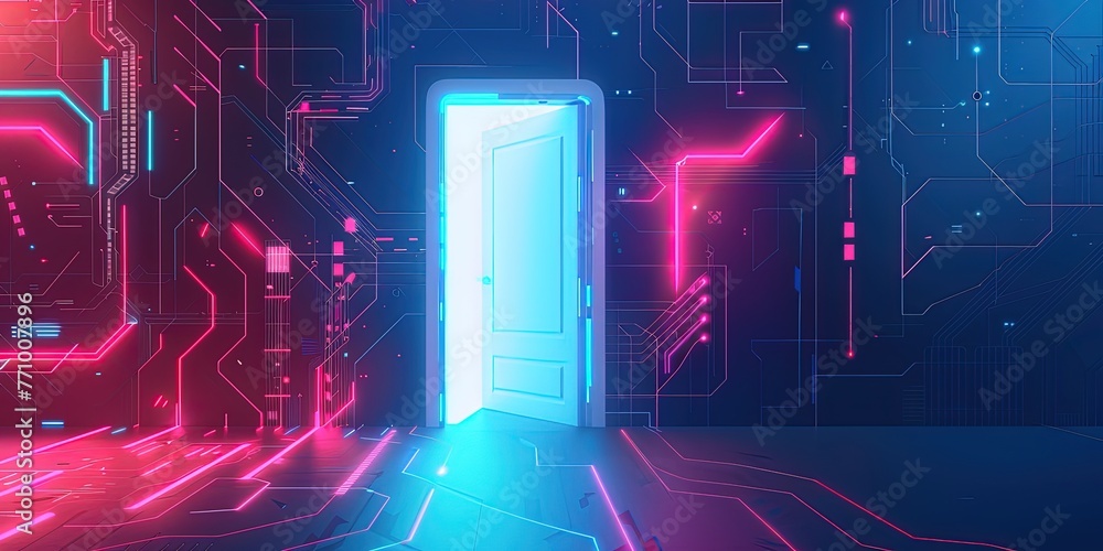 Poster an open door leads to a future filled with glowing tech in a futuristic polygonal style.