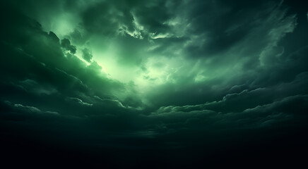 Most magnificent cloudscape stormy sky in shades of green and black. Areal view inside the clouds. Above the stormy sky. Cinematic epic fantasy lighting. Otherworldly mystery firmament concept.  - obrazy, fototapety, plakaty