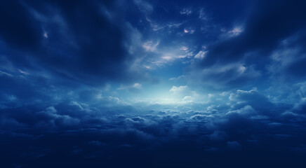 A stormy cloudscape, where shades of white and dark blue dance in an aerial view amidst billowing clouds. Above this tempestuous sky, cinematic lighting creates an epic fantasy. Majestic sky scene - obrazy, fototapety, plakaty