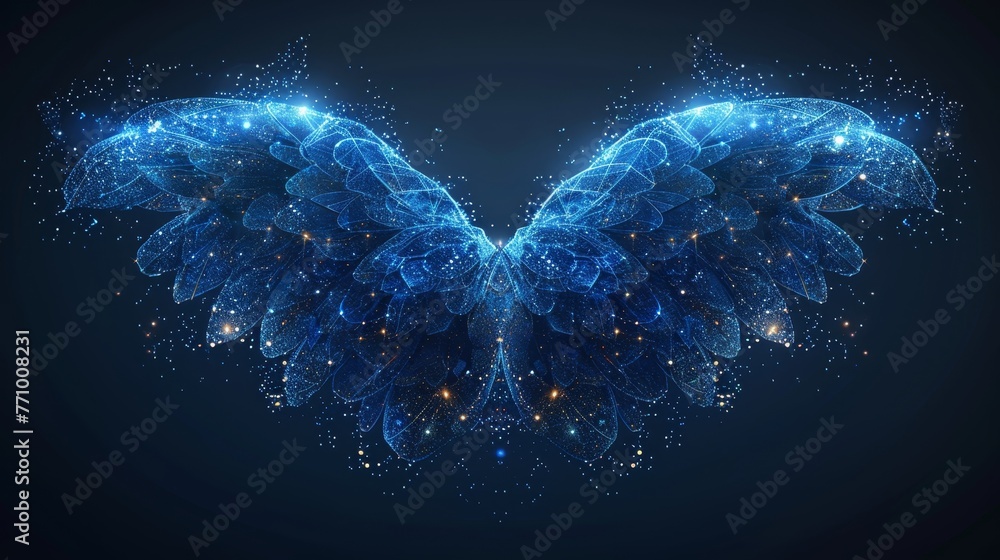Poster two flying blue hearts with wings. valentine's day card. low poly style design. abstract geometric b