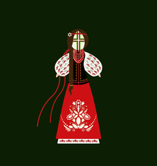 Motanka Ukrainian traditional handmade doll vector illustration for cards, banners, and posters. Bright drawing with a traditional doll. Motanka Doll wearing an embroidered costume