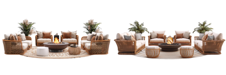 Set of A sofas and armchairs arranged around a cozy fire pit, with soft ambient is in the top view on a transparent background 