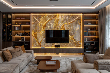 Grandiose living room with gold-veined marble wall, towering espresso wood bookcase, recessed LED lights. Grandeur with contemporary design in country house. - obrazy, fototapety, plakaty