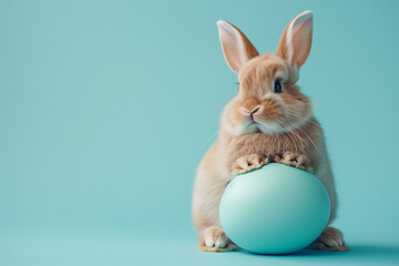 Fototapeta na wymiar Happy Easter holiday concept greeting card with animals. Adorable Easter bunny on a large Easter egg isolated on an aquamarine background.