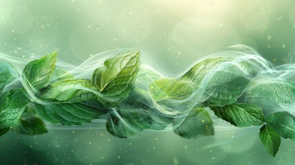 An air flow with fresh leaves and a menthol aroma. The leaves of mint provide a green wave of freshness. Modern illustration for organic herbal tea, fresheners.
