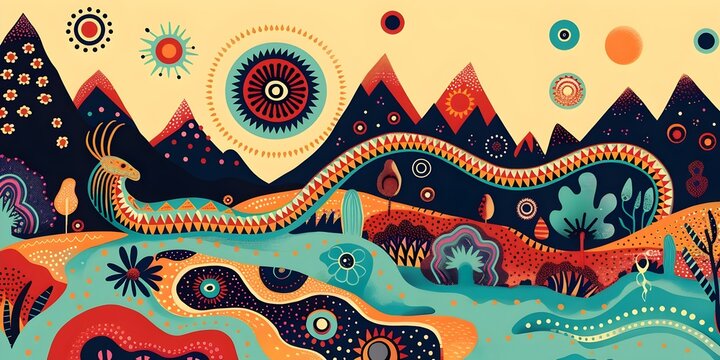 Colorful rainbow serpent symbolizing Australian Aboriginal dreamtime creation surrounded by mountains rivers trees and people. Concept Aboriginal Dreamtime Creation, Rainbow Serpent