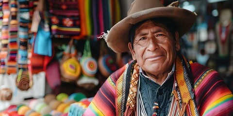 Bolivian indigenous man selling crafts in La Paz showcasing Latin American culture and tradition. Concept Indigenous Culture, Latin American Crafts, Bolivian Traditions, La Paz Street Market - obrazy, fototapety, plakaty