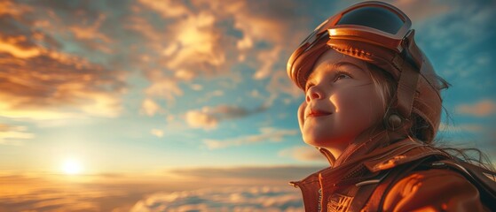 The pilot of a toy jetpack plays outdoors against an autumn sky background. A happy and smiling child has a great time. - obrazy, fototapety, plakaty