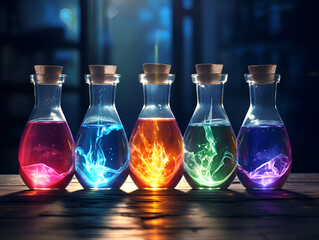 Colorful magic potion in bottles on dark background. 3D rendering - obrazy, fototapety, plakaty