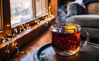A mulled wine with orange near the window