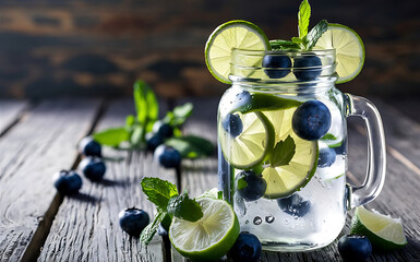 Blueberry detox water with lime and mint in mason jar on wooden background - obrazy, fototapety, plakaty