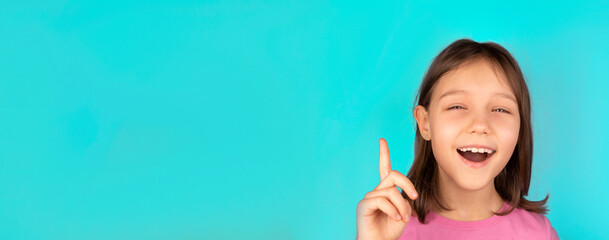 banner for advertising little girl showing sign, symbol or sign of idea and epiphany poster with place to insert text