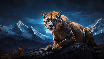 Portrait of a cougar, mountain lion, puma, Winter mountains - obrazy, fototapety, plakaty