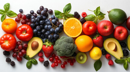 Assorted fresh ripe fruits and vegetables. Food concept background. Top view. - obrazy, fototapety, plakaty
